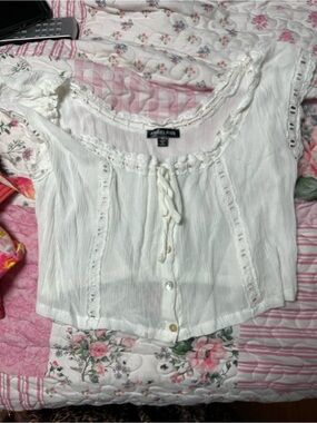 Angel Kiss Cream Lace-Trim Button Front Crop Top